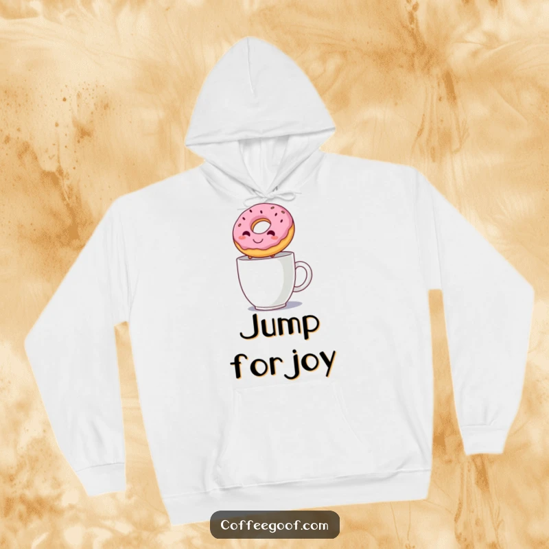 Funny hoodie featuring a smiling donut jumping exuberantly over a steaming mug, merging warmth with whimsical food art.