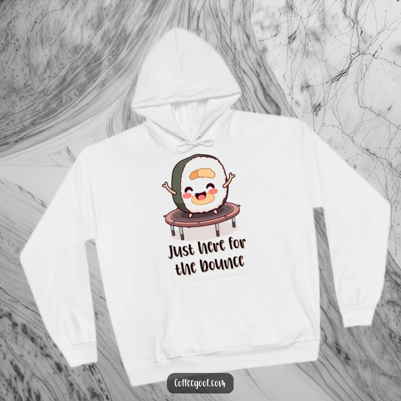 Funny sushi roll character mid-bounce on a trampoline, printed on a cozy hoodie for ultimate comfort and cheer.