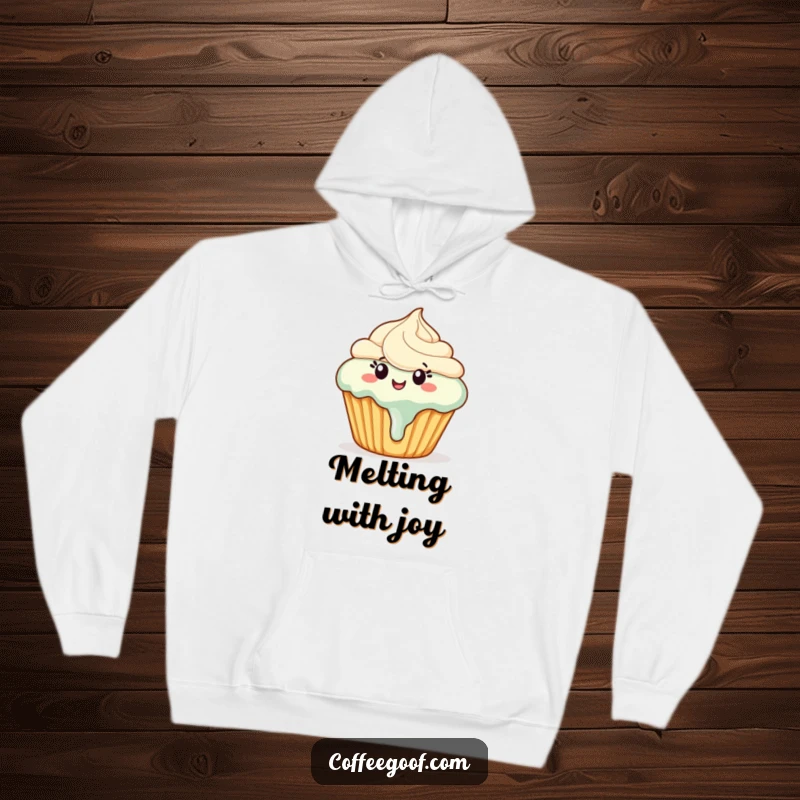 Funny cupcake hoodie featuring a happy cupcake with melting frosting in a fun dance pose, perfect for cozy, humorous vibes.