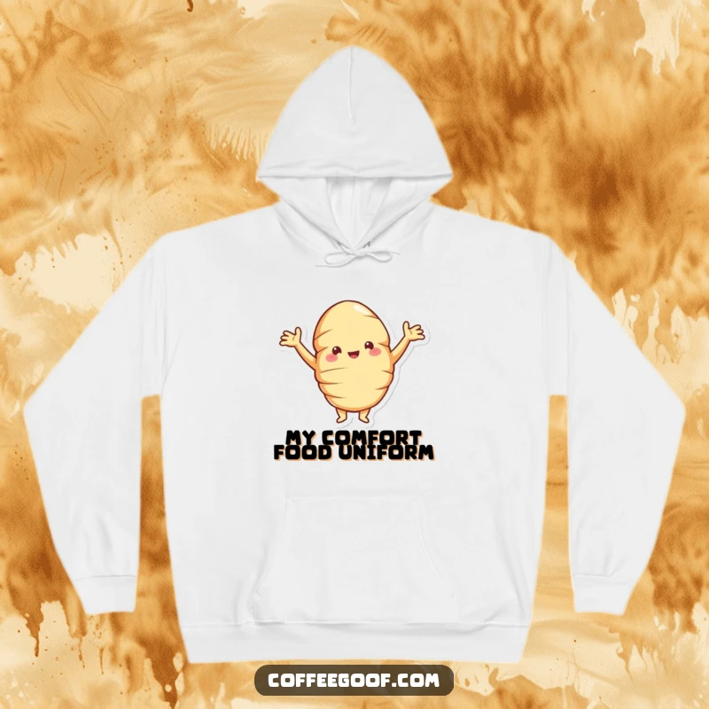Funny croissant hoodie featuring a jolly pastry with arms akimbo, posing proudly, ideal for cozy, humorous wear.