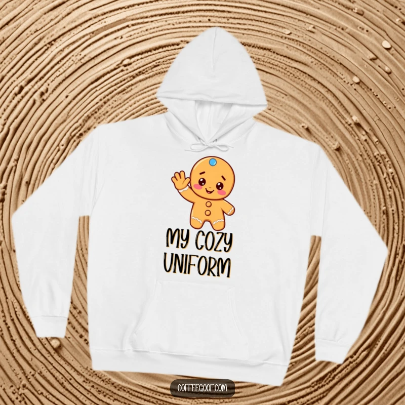 Funny gingerbread hoodie with a cheerful cookie giving a friendly wave, offering cozy comfort and festive holiday cheer.