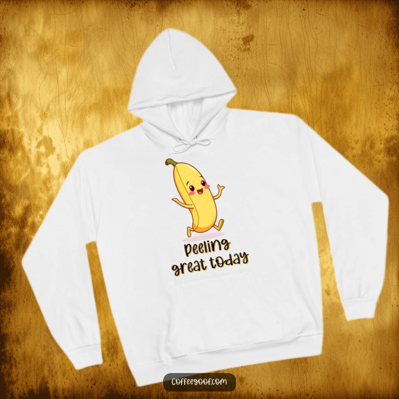 Funny hoodie design featuring a delighted banana peel on a nonsensical silly walk, perfect for comfy, humorous wear.