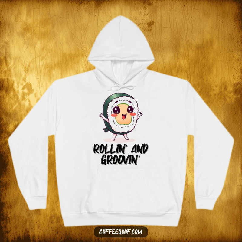 Funny sushi hoodie, a delighted character doing a silly dance, perfect for staying warm and bringing festive vibes.