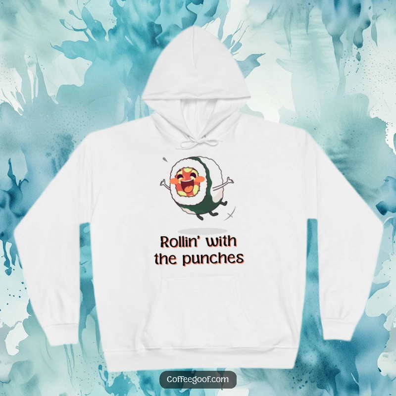 Funny Sushi Roll Hoodie: Excited sushi roll character in a wobbly spin, perfect for cozy foodie fun.