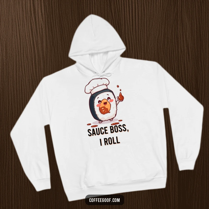 Funny hoodie with a sushi roll, tiny chef hat, and soy sauce juggling, offering warmth and a hearty laugh to the wearer.