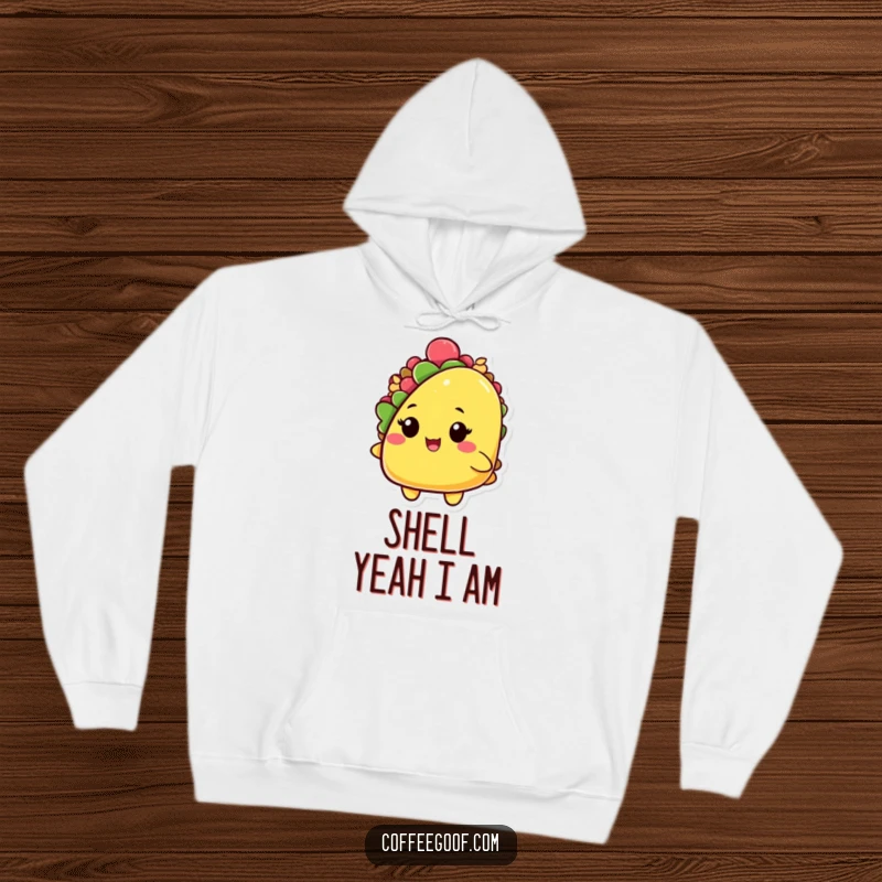 Funny hoodie featuring a playful taco character, shell slightly open, delivering a charming wink, perfect for cozy, festive wear.