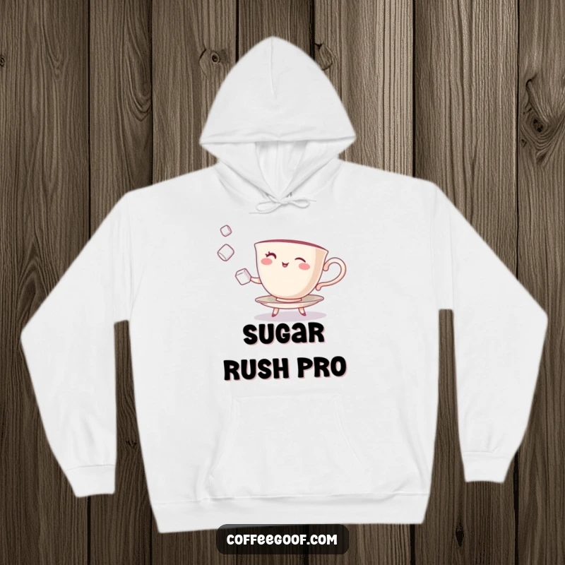 Funny Teacup Hoodie with a winking character juggling sugar cubes, perfect for cozy and whimsical moments.