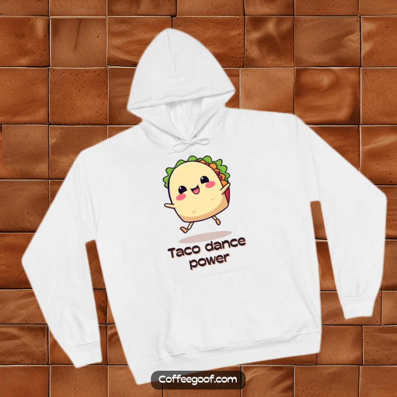 Funny hoodie depicting a smiling taco with legs doing a jig, radiating happiness and the festive spirit of a Mexican fiesta, perfect for warm comfort.