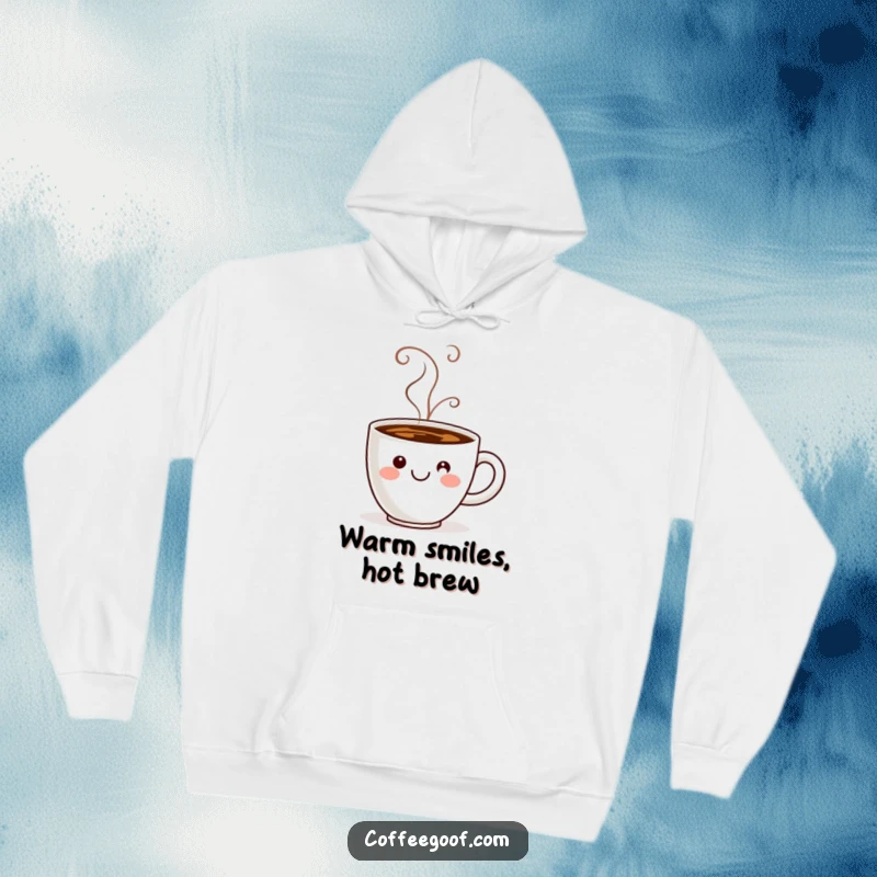 Funny coffee cup with steam creating a smiley face, featured on a cozy hoodie for ultimate comfort.