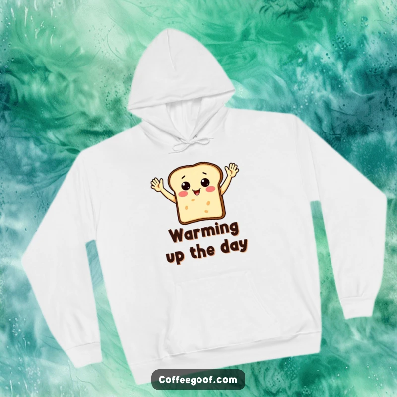 Funny piece of toast character enthusiastically waving, featured on a cozy hoodie for ultimate comfort.