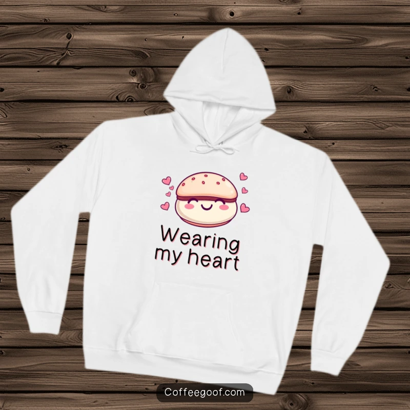 Funny smiling macaroon character with tiny hearts floating around it on a warm hoodie, a super cute dessert sweatshirt
