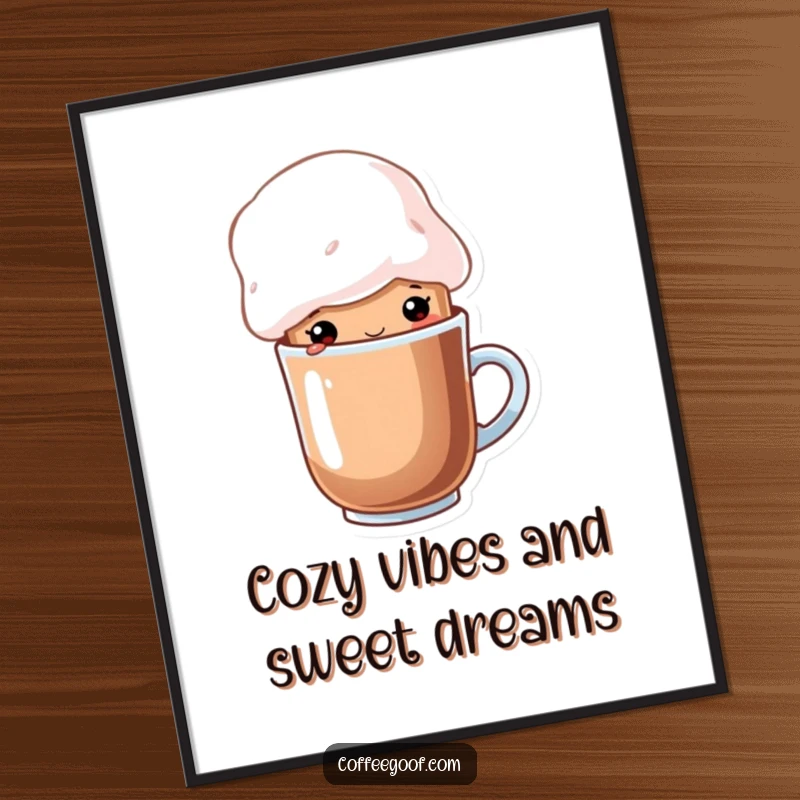 Funny Free Printable Wall Art: A cup of cocoa wearing a whimsical marshmallow hat, radiating cozy vibes and sweet charm.