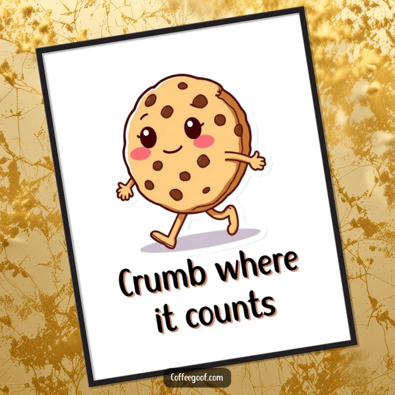 Funny Free Printable Wall Art: A sentient cookie character doing a signature silly walk, slightly crumbling, adding humor to decor.