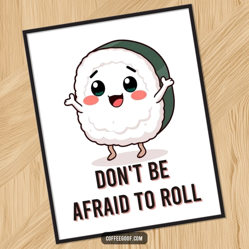 Funny Free Printable Wall Art: A delighted sushi character with a big grin, caught mid-jig dance, ready to liven up your decor.