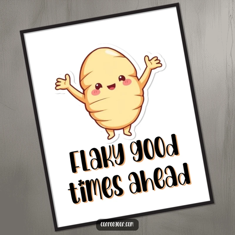 Funny free printable wall art: a jolly croissant striking a proud pose with arms akimbo, radiating confidence and baked goodness, a humorous decorative piece.