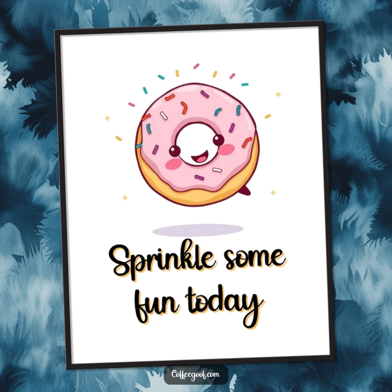 Funny Free Printable Wall Art: A cheerful donut performing a cartwheel, surrounded by flying sprinkles, ready to add zest to your decor.