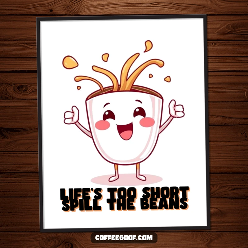 Funny free printable wall art of a jubilant coffee cup character artfully spilling steaming art, perfect for home decor.