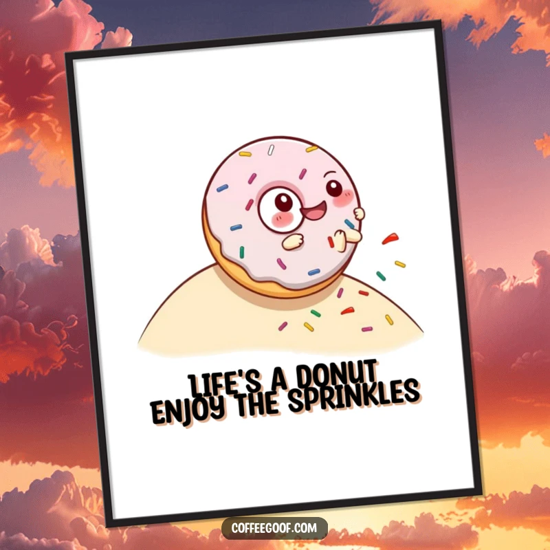 Funny free printable wall art featuring a giggling donut character rolling down a hill, trailing colorful sprinkles.