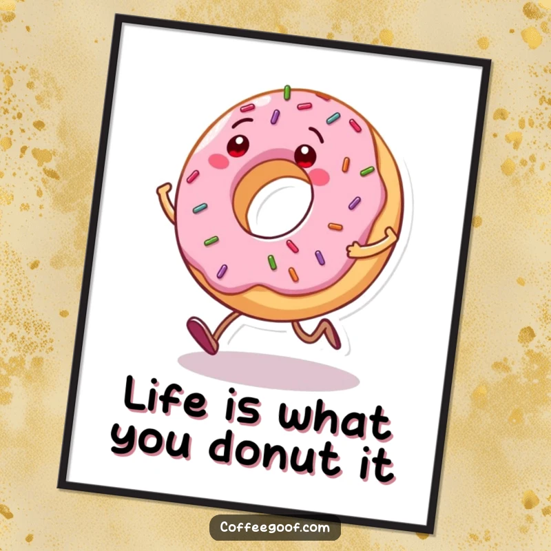 Funny Free Printable Wall Art of a grinning donut character with sprinkles bouncing as it hops playfully.