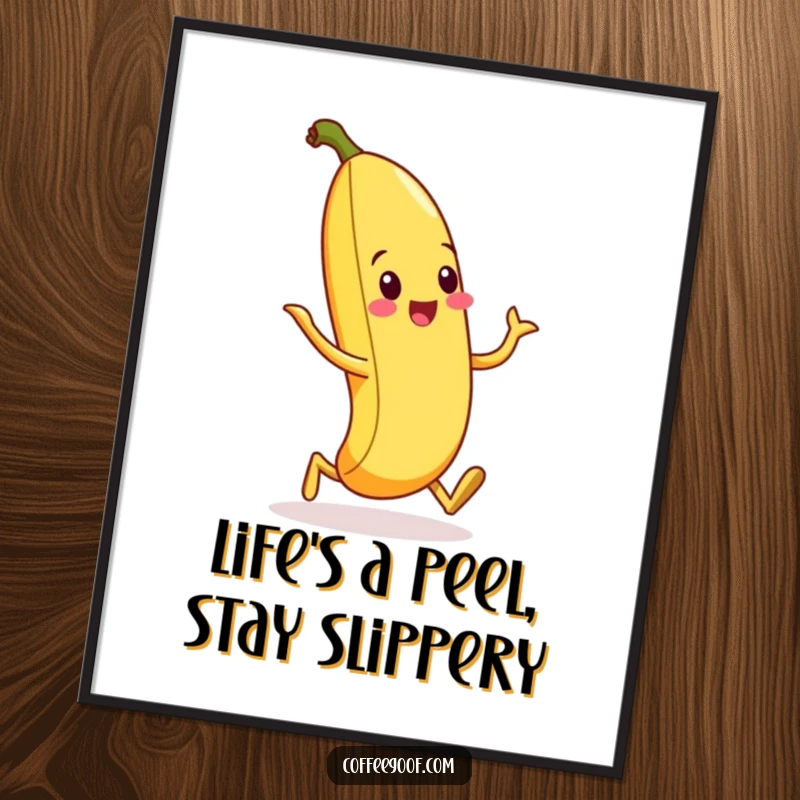 Funny Free Printable Wall Art: A banana peel in mid-silly walk, with exaggerated movements and a comical expression, adding humor to any wall.