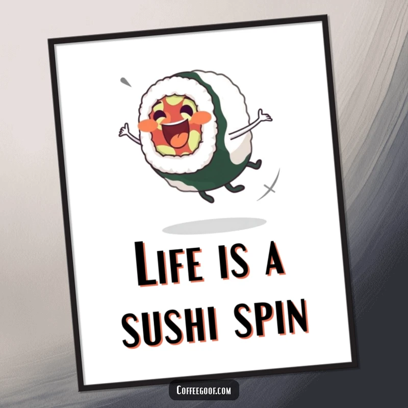 Funny Free Printable Wall Art: An excited sushi roll caught in a graceful, wobbly spin. Quirky food art.