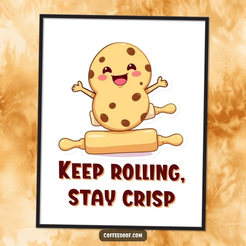 Funny Free Printable Wall Art: A grinning cookie character masterfully balancing on a rolling pin, a humorous and whimsical art piece.