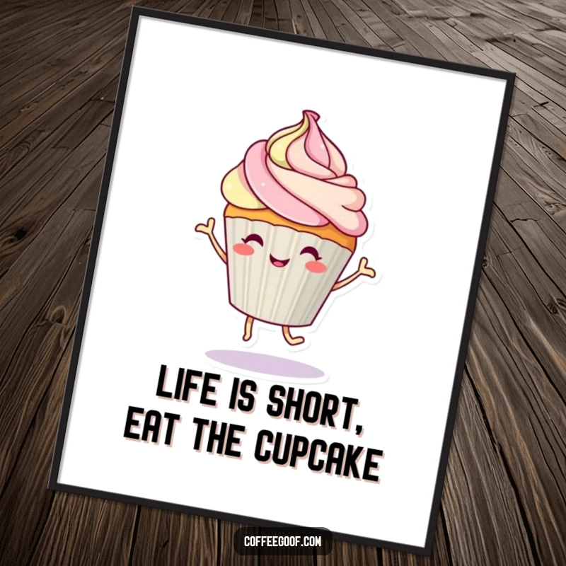 Funny Free Printable Wall Art: A cheerful cupcake character with a frosting swirl is joyfully dancing, adding whimsical decor.