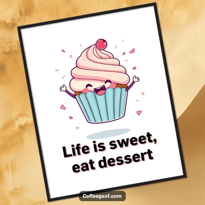 Funny Free Printable Wall Art: A delighted cupcake character spinning with icing flying everywhere like confetti, exuding pure joy.
