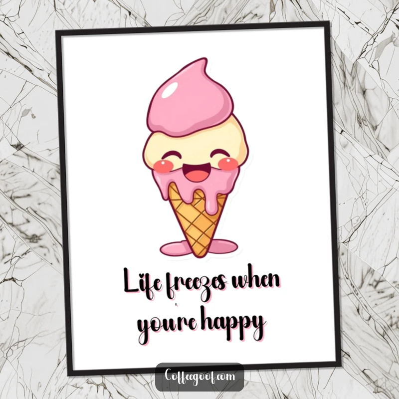 Funny Free Printable Wall Art: A happy ice cream cone melting slightly while giggling with pure joy.