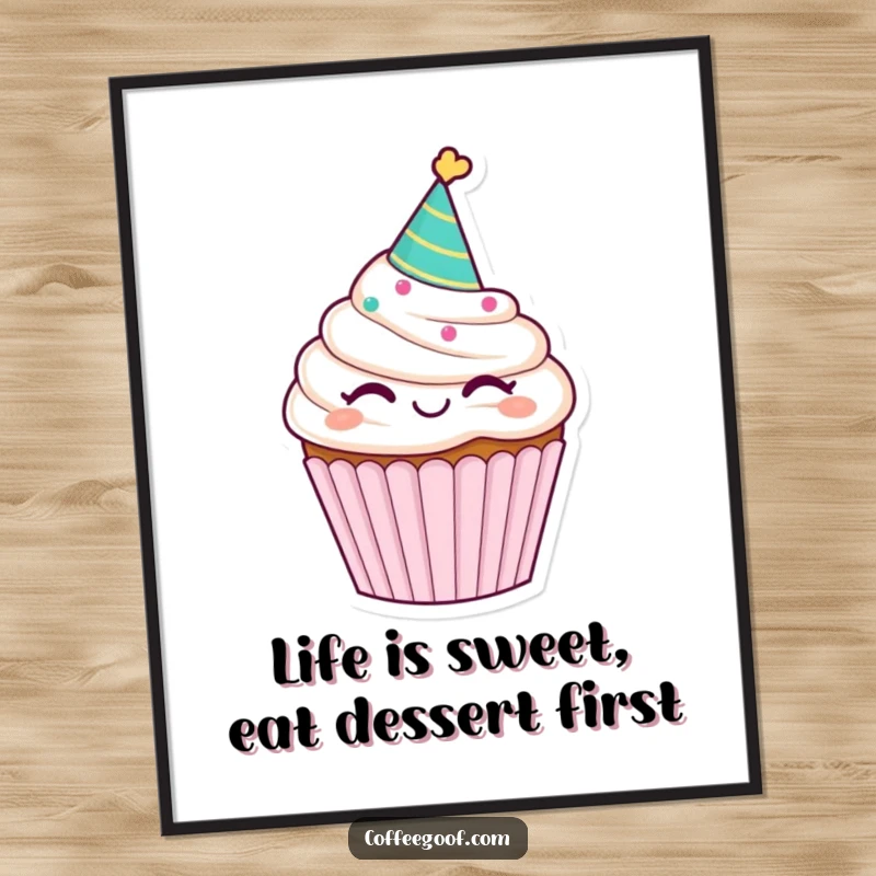Funny Free Printable Wall Art: A cute cupcake wearing a party hat, giving a mischievous wink.