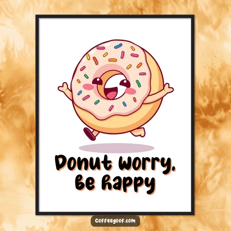 Funny Free Printable Wall Art: A delighted donut character with colorful bouncing sprinkles is joyfully hopping, adding fun decor.