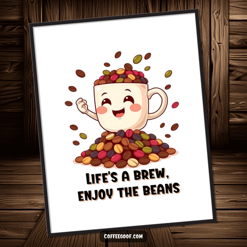 Funny Free Printable Wall Art: A smiling coffee mug character energetically juggling a mound of colorful coffee beans, full of personality.