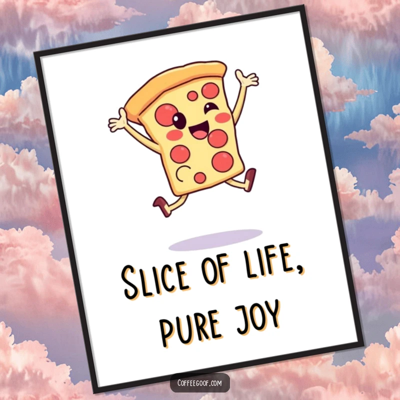 Funny Free Printable Wall Art: A happy pizza slice captured mid-leap, radiating joy and playful energy.