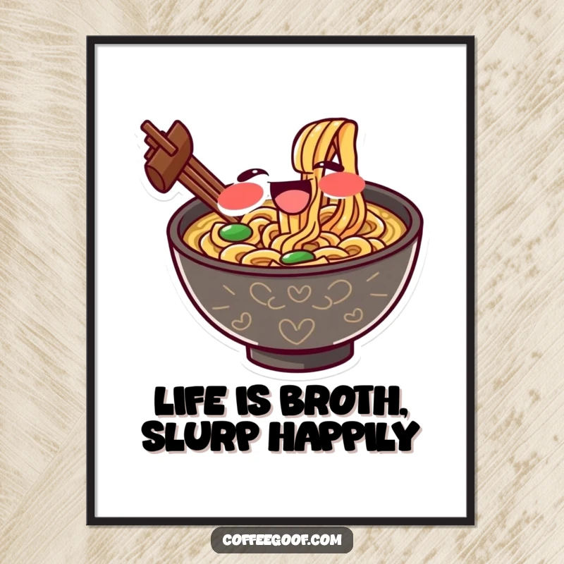 Funny Free Printable Wall Art: A gleeful bowl of ramen character slurping noodles with exaggerated delight, expressing pure food joy.