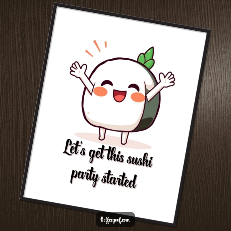 Funny Free Printable Wall Art of a sushi piece waving enthusiastically, bringing a delightful and humorous vibe to your decor.