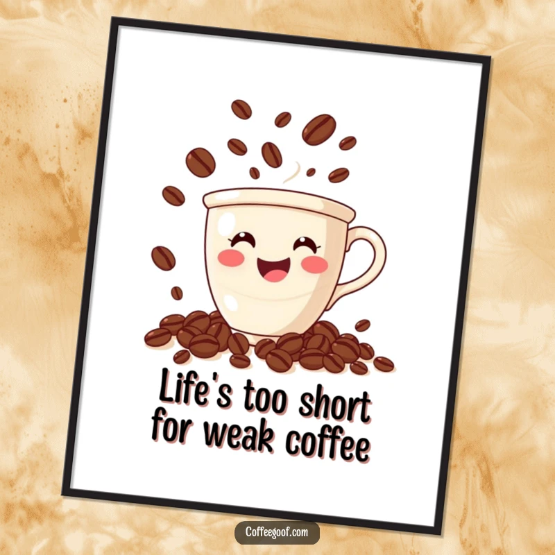 Funny Free Printable Wall Art: Smiling coffee cup performing an impressive juggle with tiny, animated coffee beans, bringing energetic fun.