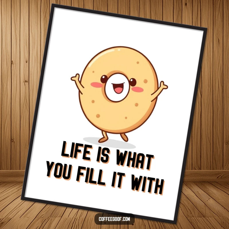 Funny Free Printable Wall Art: A happy bagel character doing a playful jig, radiating infectious joy.