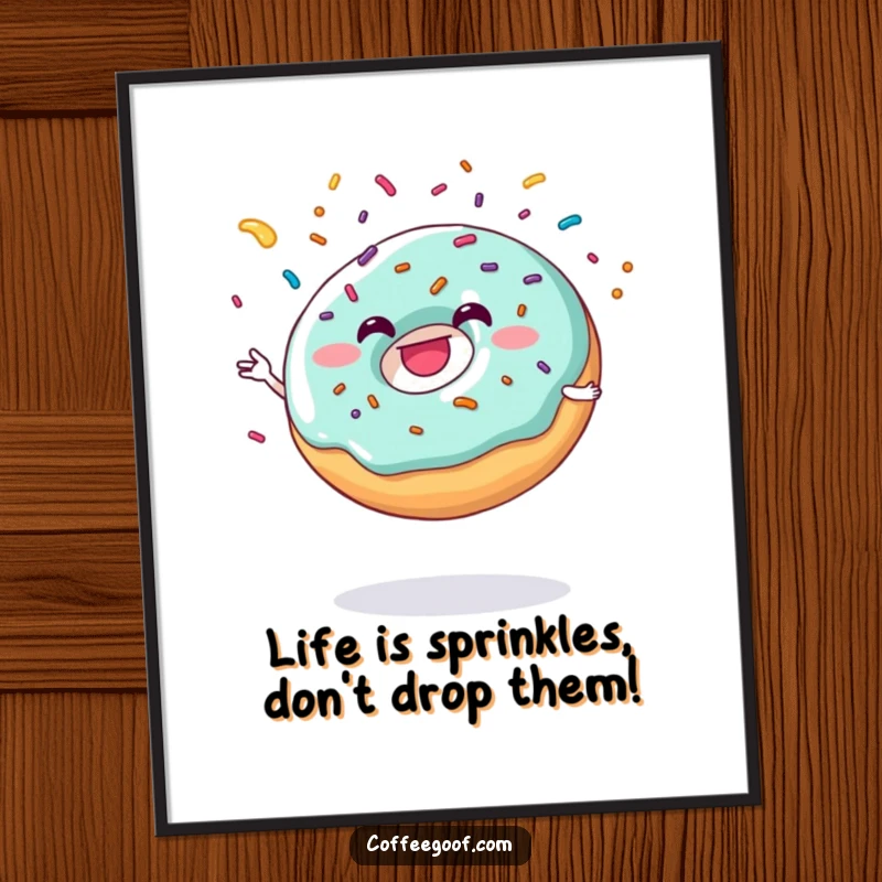 Funny Free Printable Wall Art: A grinning donut enthusiastically juggling colorful sprinkles, adding joy to the walls.