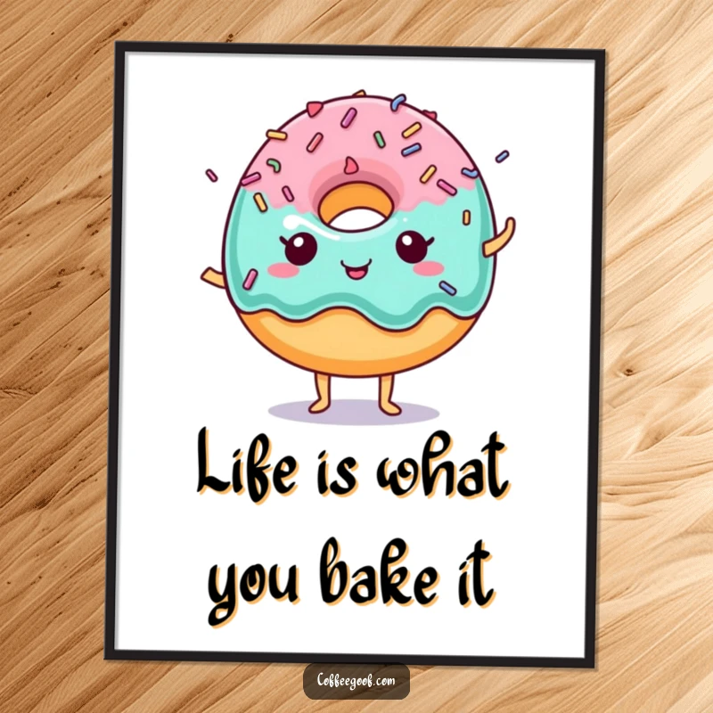 Funny Free Printable Wall Art: An anthropomorphic donut character with colorful sprinkles, radiating playful sweetness.