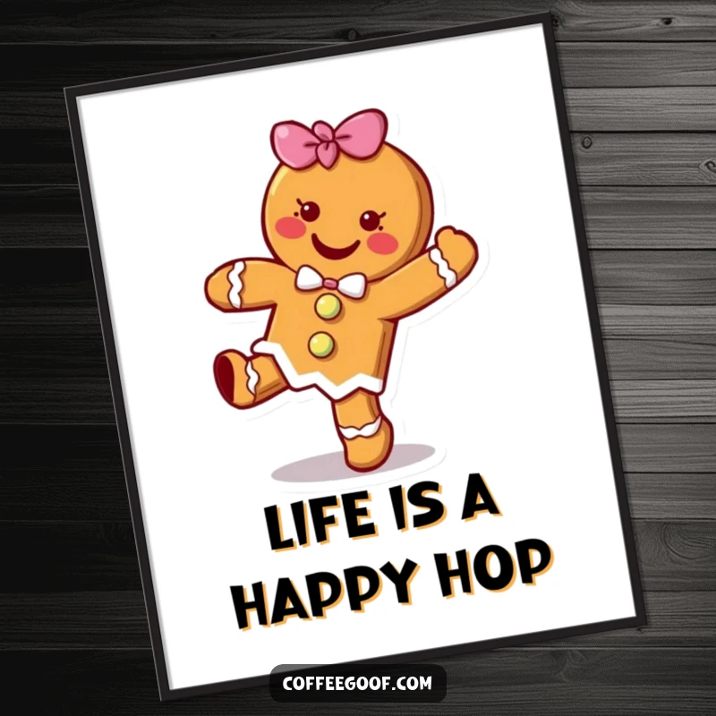 Funny Free Printable Wall Art: A cheerful gingerbread cookie character captured mid-hop, bringing playful energy and sweetness to any room.