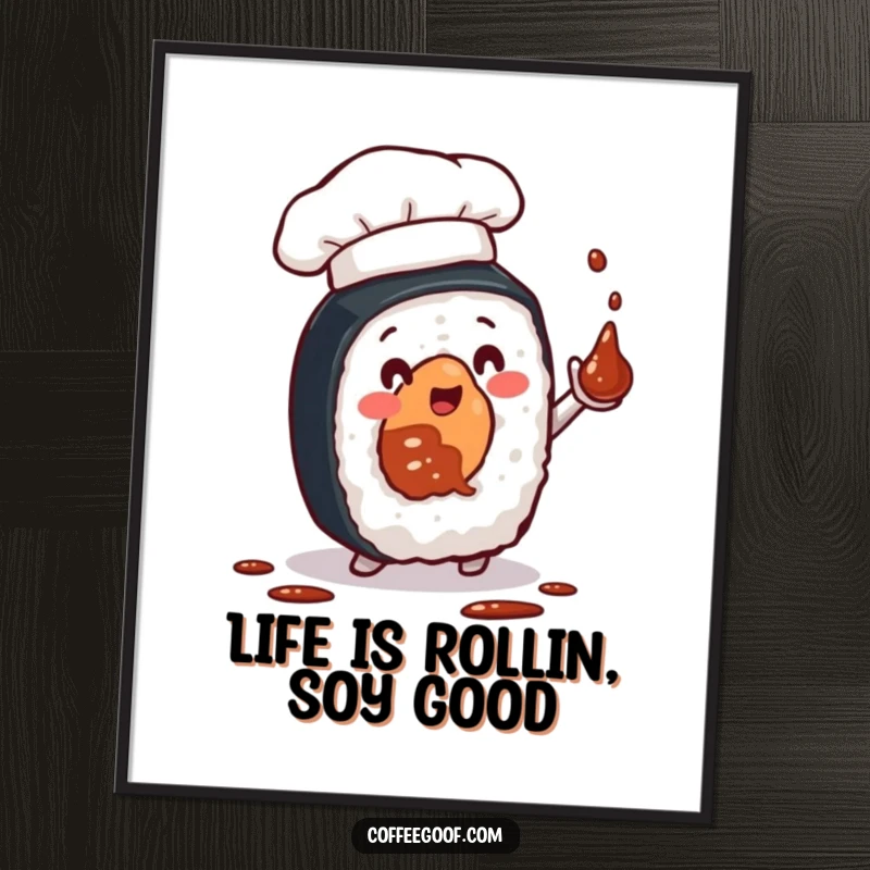 Funny free printable wall art of a smiling sushi roll wearing a chef hat, expertly juggling soy sauce bottles.