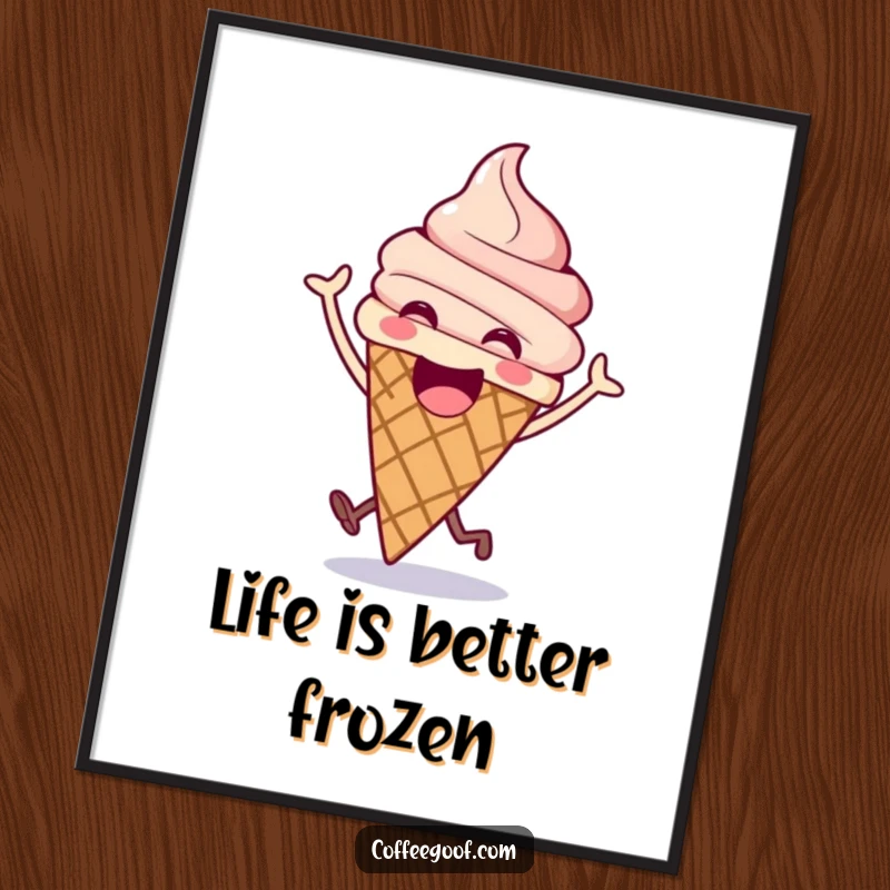 Funny free printable wall art: an excited ice cream cone in a happy bounce, with sprinkles flying, conveying pure joy and sweet fun.