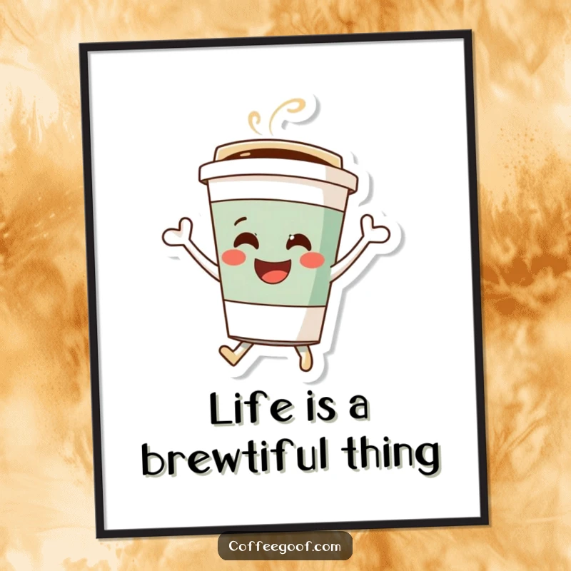 Funny Free Printable Wall Art of a coffee cup character bouncing with extreme happiness and energetic excitement.