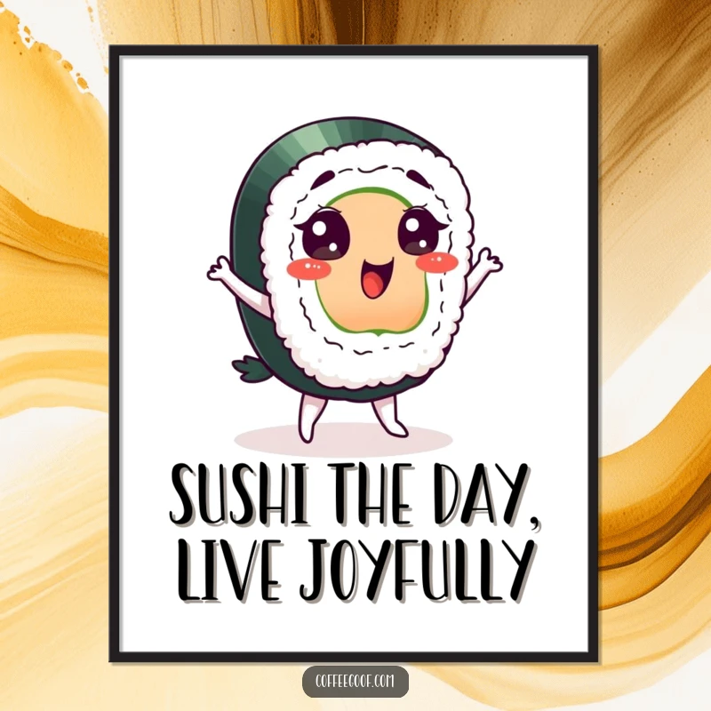 Funny Free Printable Wall Art of a sushi character with ecstatic eyes performing an energetic and silly dance.