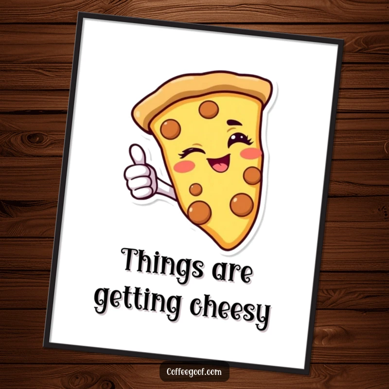 Funny free printable wall art: a smiling pizza slice winking and giving a confident thumbs-up, a vibrant and humorous piece for any kitchen.