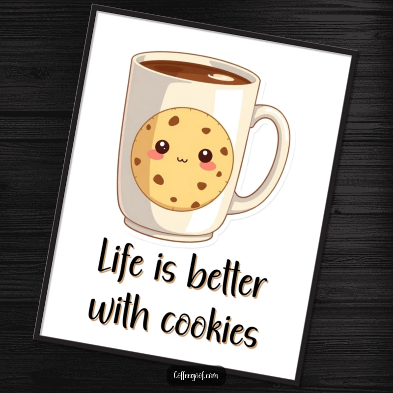 Funny Free Printable Wall Art: A timid cookie peeking from behind a large coffee mug, adding charm.