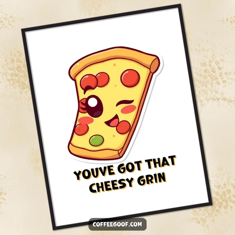 Funny Free Printable Wall Art: a grinning slice of pizza winking mischievously with a single pepperoni eye.