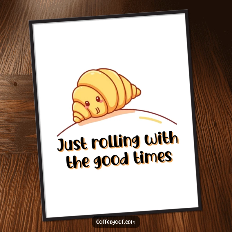 Funny Free Printable Wall Art: A cheerful croissant character rolling gleefully down a gentle hill. Whimsical food art.