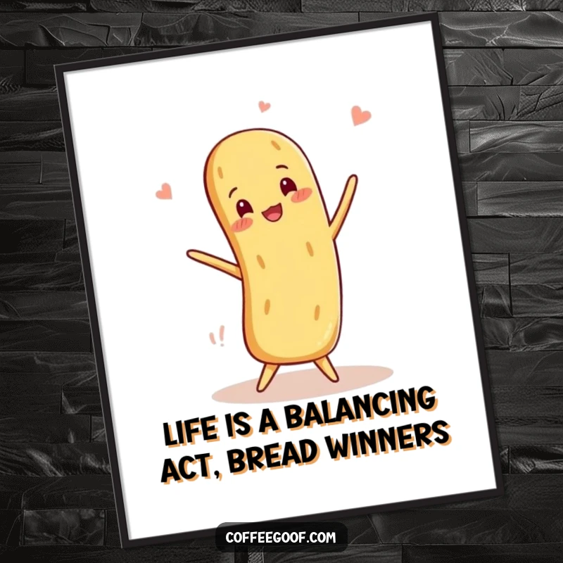 Funny Free Printable Wall Art featuring a smiling baguette performing a daring balancing act, adding a gourmet touch of humor.