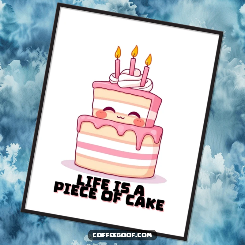 Funny Free Printable Wall Art of a proud cake character joyfully blowing out a whimsical array of tiny candles.